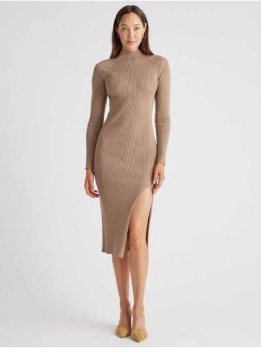 Quince Eco -Ribbed Mock Neck Sweater Dress Warm Taupe Sz Small